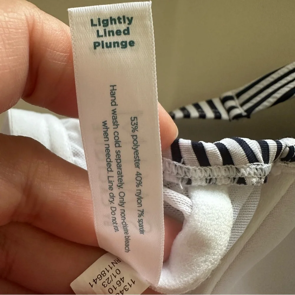 Cacique Swim Suit 42DDD Top sz 24 Bottom Navy White Seersucker Tankini Plunge - Picture 13 of 15